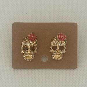 Gold Skull Stud Earrings with Red Rose – Crystal Accents – NWT